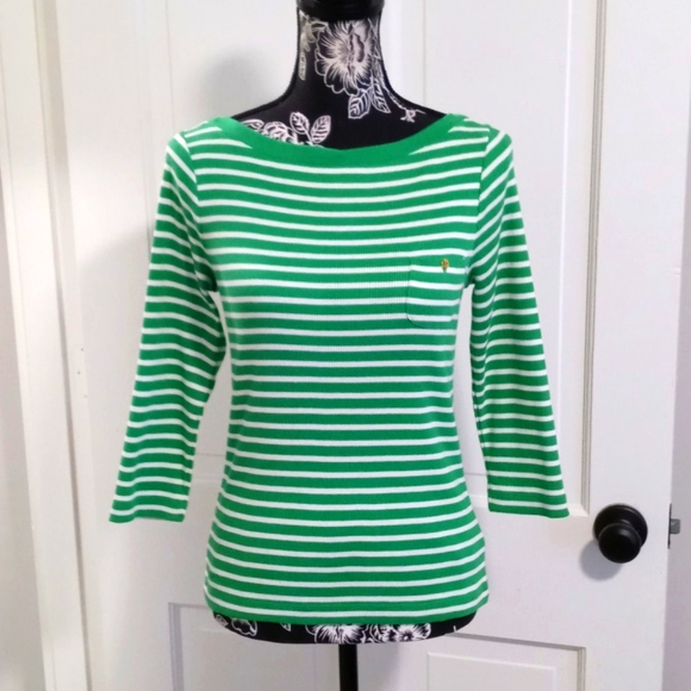 🆕️ 💚Lauren Ralph Lauren💚 - Green/White Stripe Boat Neck 3/4 Sleeve Top